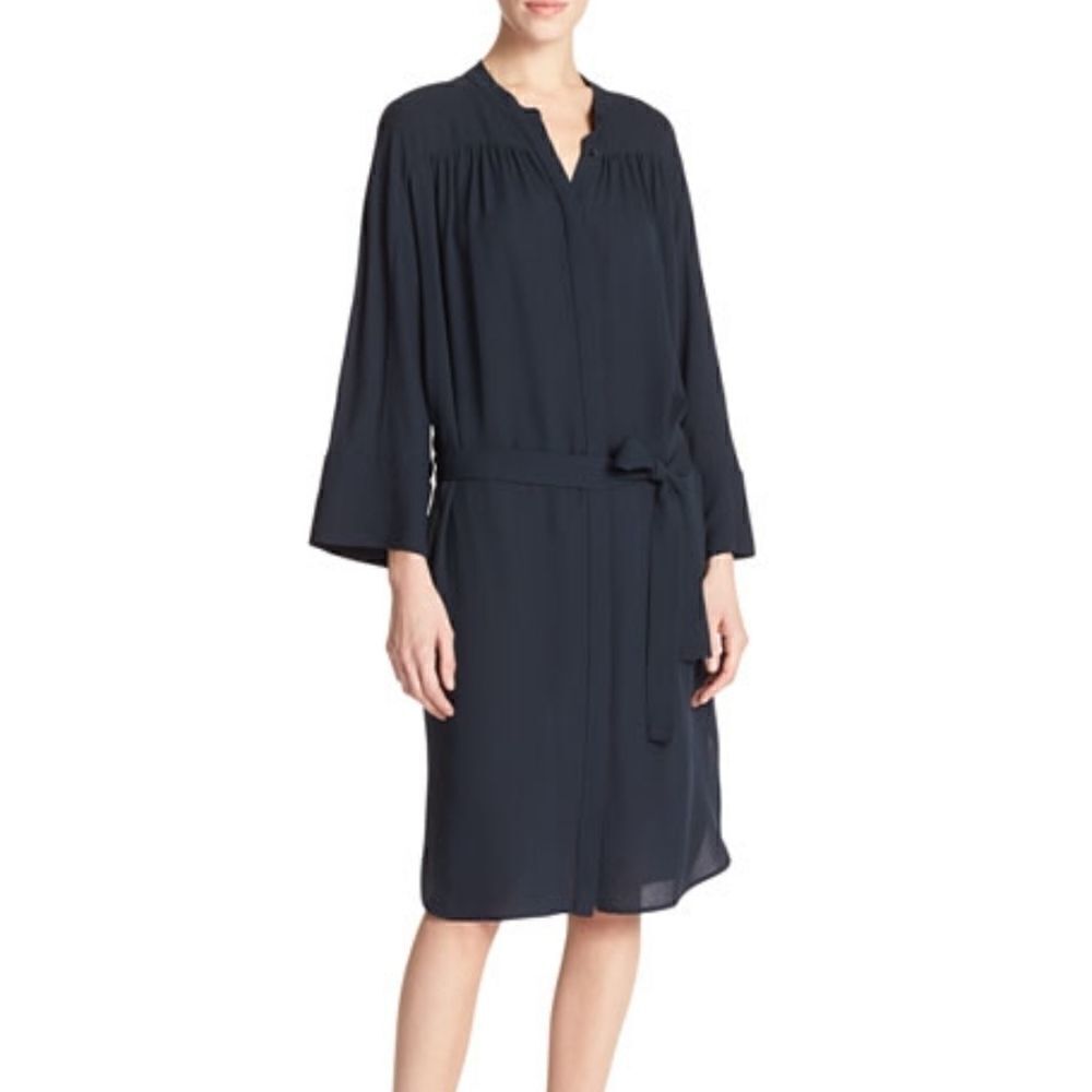 VINCE Silk Shirred Belted Shirtdress Coastal Blue Size Small